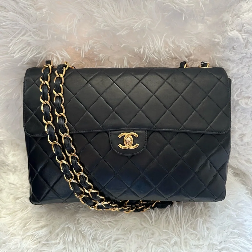 Chanel Black Jumbo Quilted Shoulder Bag with Gold Chain